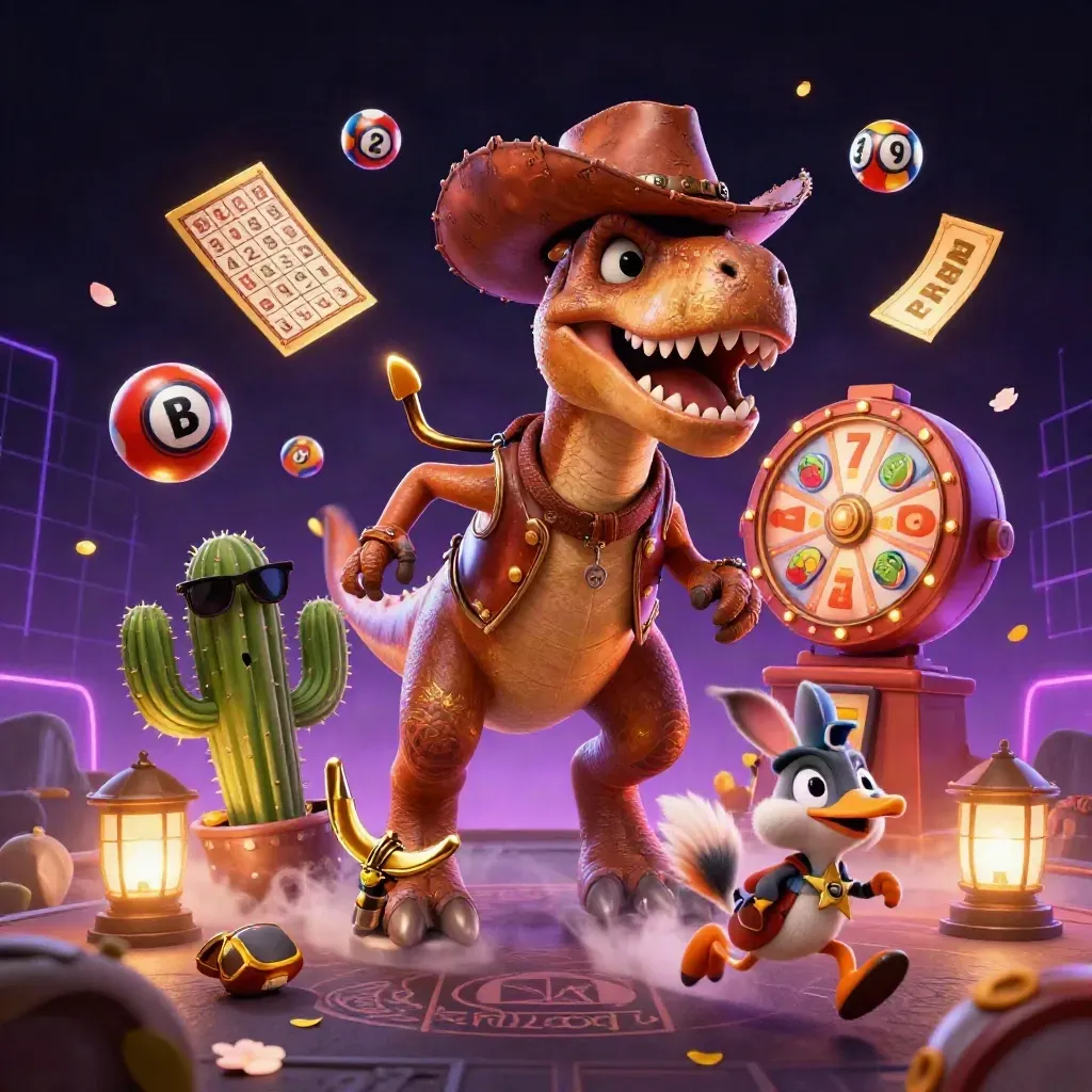 Cowboy T-Rex, cactus sidekick, and sheriff roadrunner in a gold casino treasure blast
