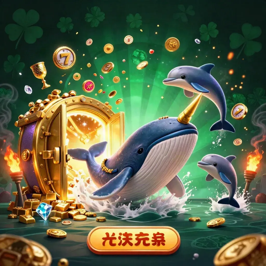 Whale captain, narwhal, and dolphins burst through coins before a glowing vault door.