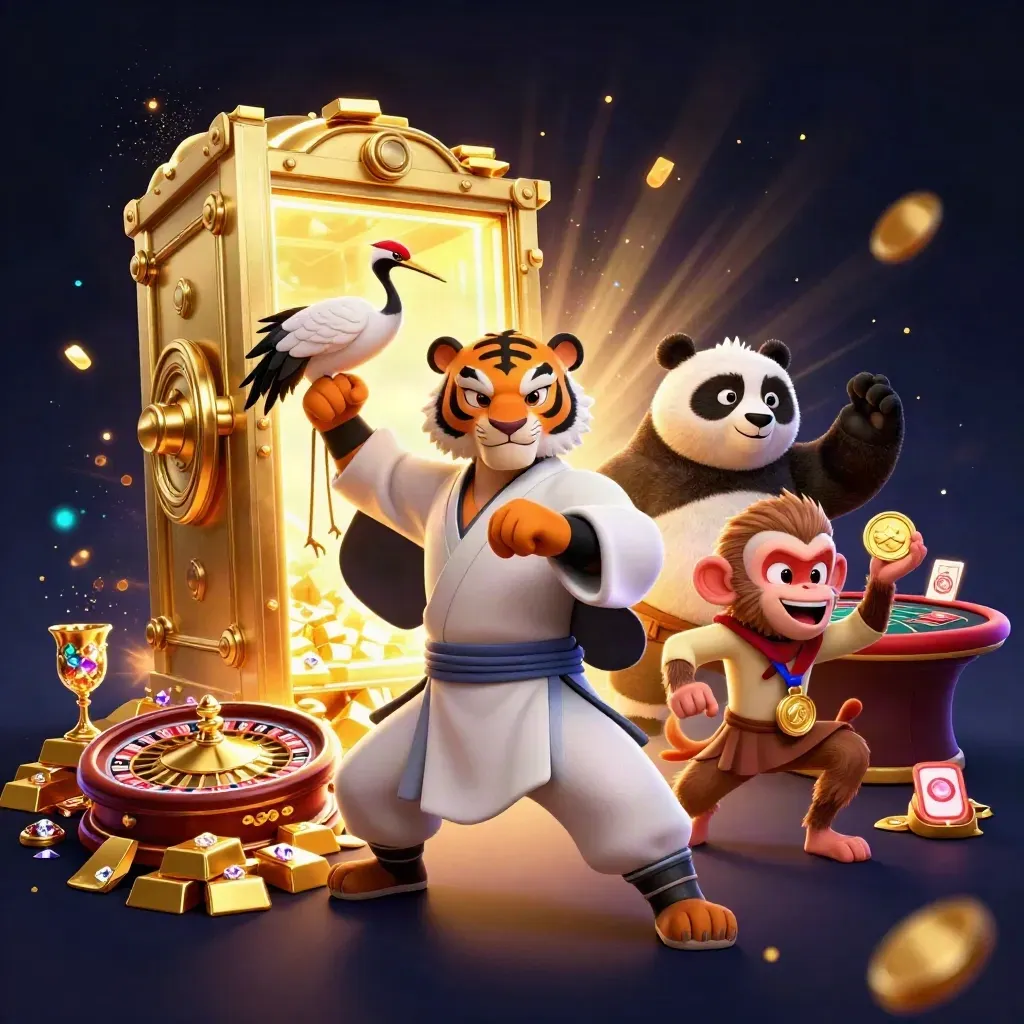 Kung-fu tiger, panda, and monkey amid a glowing vault, gold, gems, and casino tables.