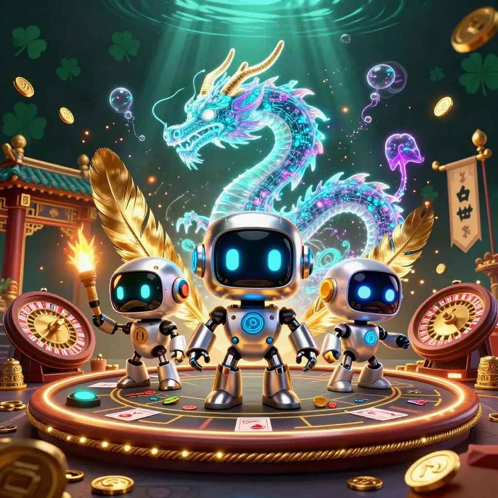 Cyberpunk robot, holographic dragon, and coin drone amid jackpots, temple gate, and neon casino glow.