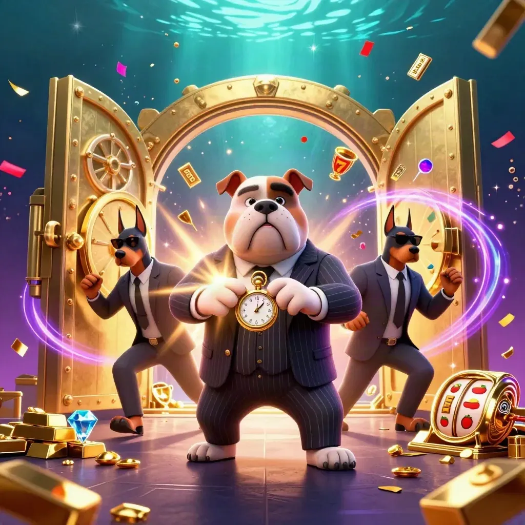 Bulldog mob boss and two dobermans burst from a glowing vault amid jackpots, gems, and neon purple sparks