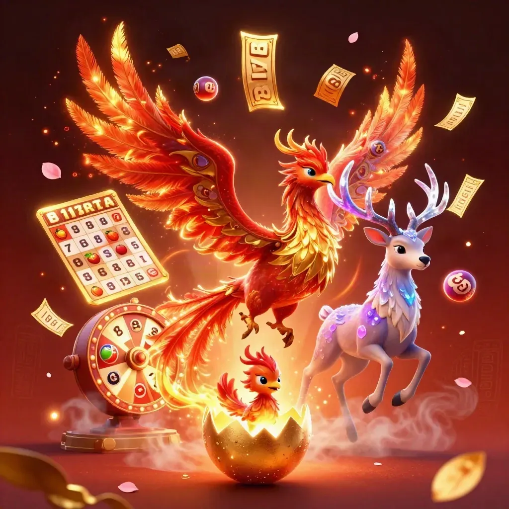 Fire phoenix, baby phoenix, and crystal-antler stag amid jackpots, lottery balls, and ember glow.