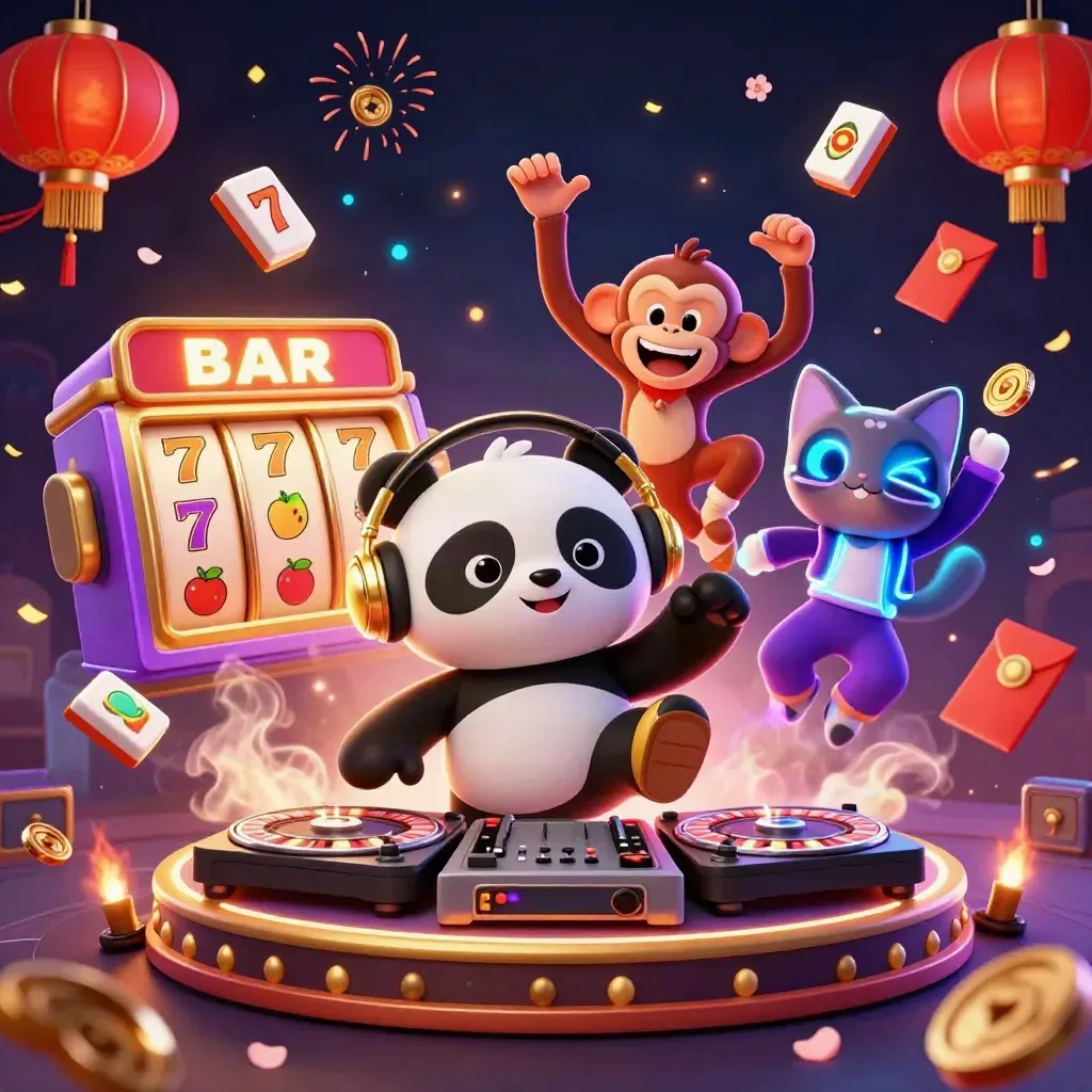 DJ panda, breakdancing monkey, and glow-stick kitten amid jackpot chaos and neon casino sparks