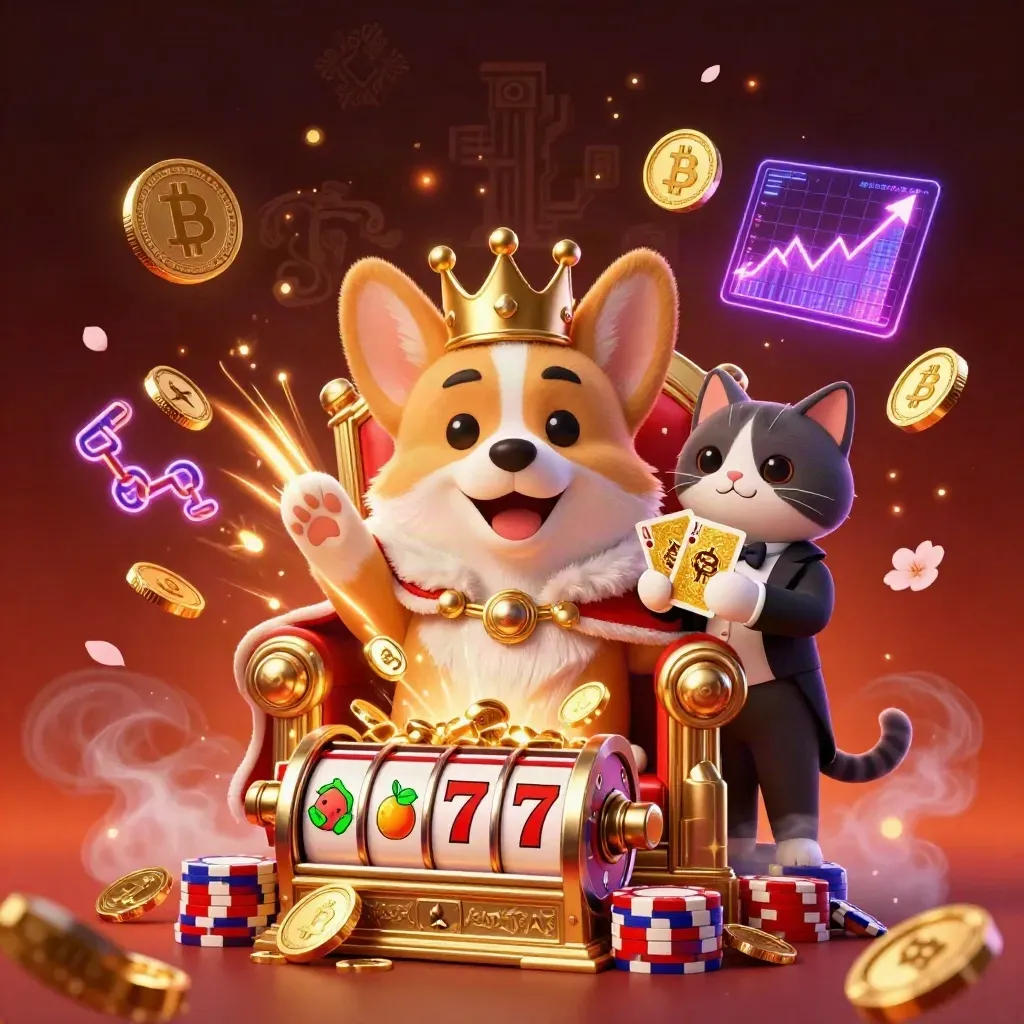 Crowned corgi and cat butler amid exploding coins, neon slots, and jackpot fireworks.