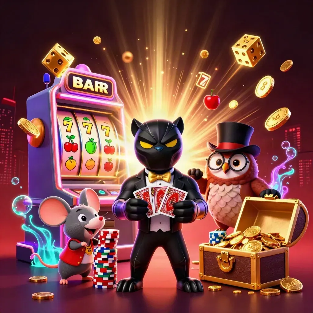 Panther, owl, and mouse celebrate amid exploding slot symbols, coins, and fireworks.