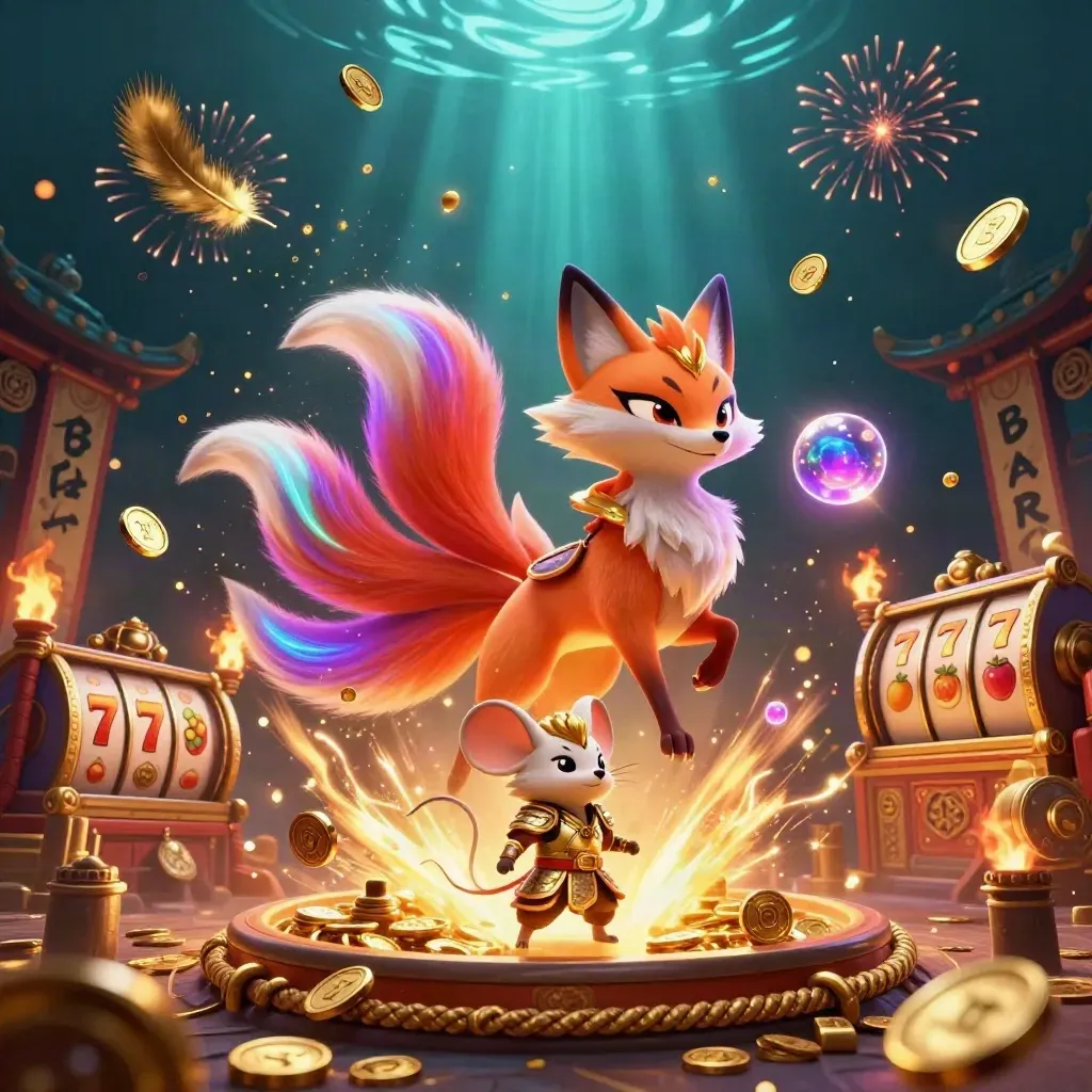 Neon fox spirit and armored mouse amid coins, reels, temple gate, and jackpot glow.
