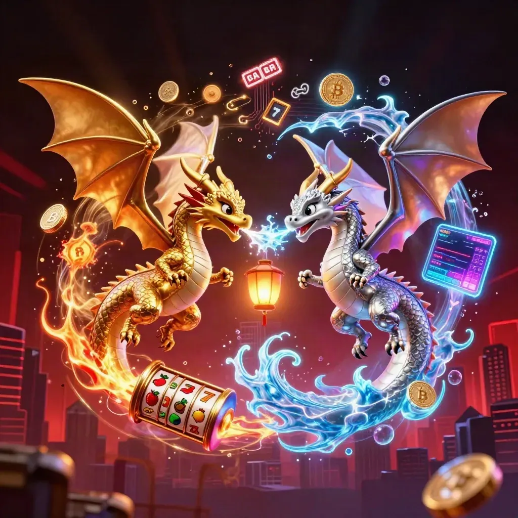 Gold and silver dragons swirl with jackpot symbols, coins, and neon casino magic